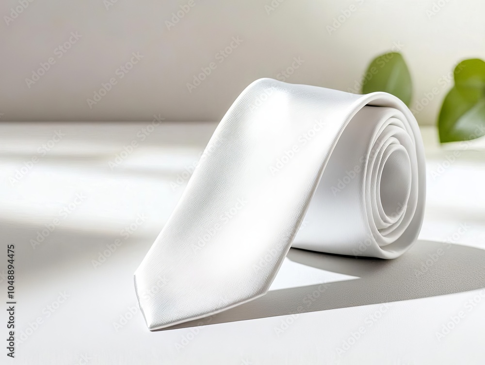 Elegant white tie with soft shadows on a white surface, seamless design for clothing mockups, white tie design, clean product photography Elegant white tie with soft shadows on a white surface, seamless design for clothing mockups, white tie design, clean product photography