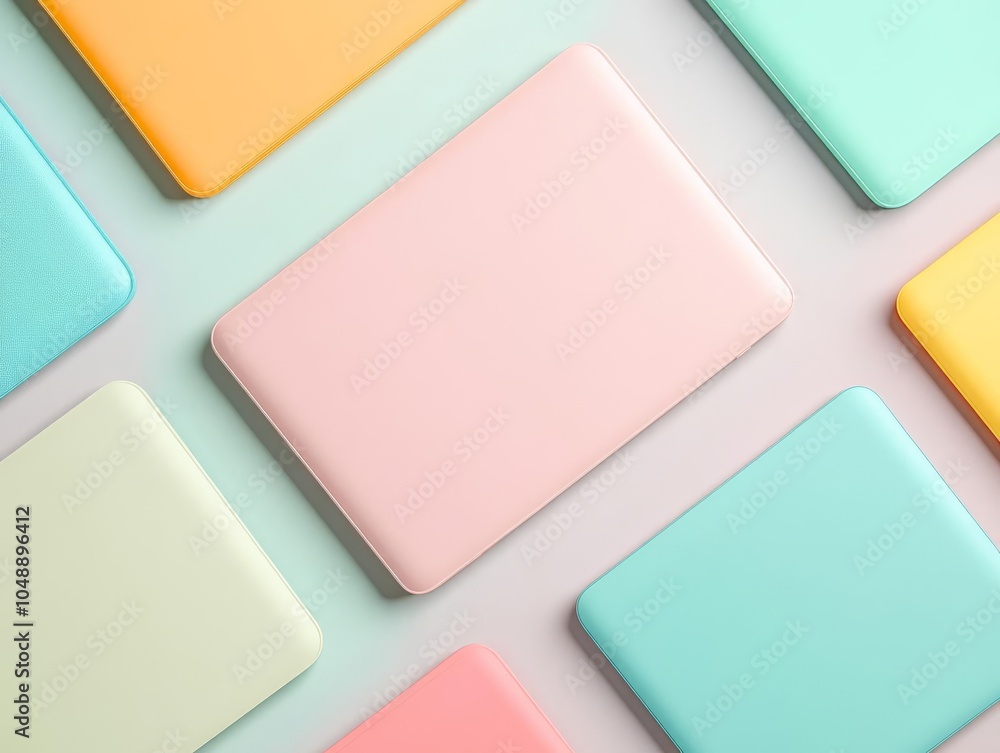 Group of different colored blank laptop cases, neatly arranged in a grid, top-down view, vibrant color palette, blank laptop case, colorful product showcase Group of different colored blank laptop cases, neatly arranged in a grid, top-down view, vibrant color palette, blank laptop case, colorful product showcase