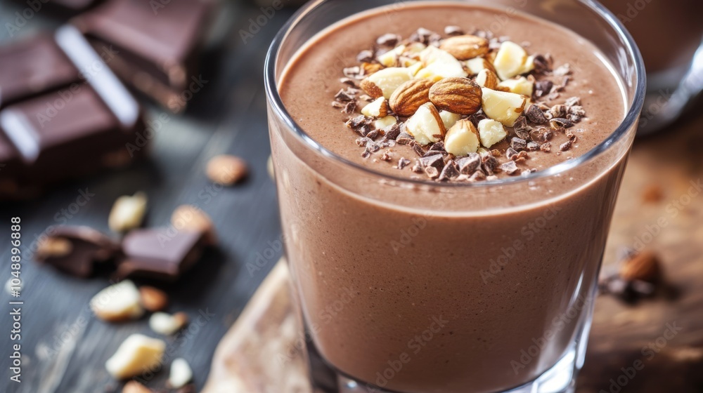 Chocolate Almond Smoothie in a Glass with Chocolate Pieces on a Wooden Background Chocolate Almond Smoothie in a Glass with Chocolate Pieces on a Wooden Background