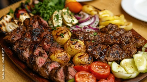 Grilled Steak and Vegetable Platter on Wooden Serving Board