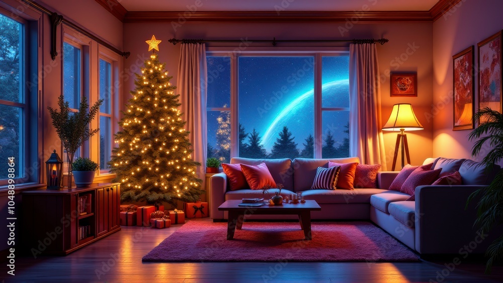 Cozy Christmas Living Room with Starry Night View Cozy Christmas Living Room with Starry Night View