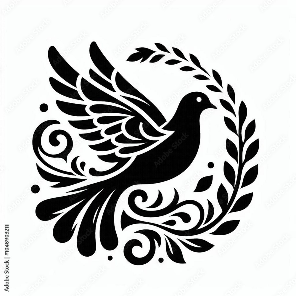 Fototapeta premium Dove of peace. Dove. Symbol of peace. Black silhouette. Sticker, label, logo, poster, card. Stylized illustration of black silhouette of a flying dove illustration isolated on white background.