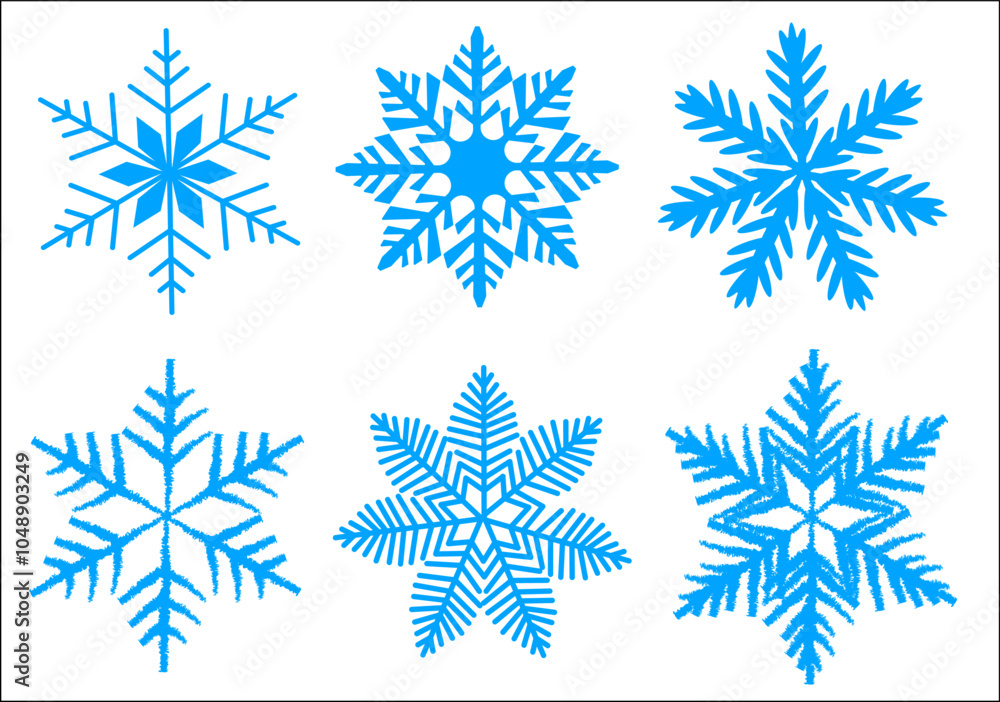 A variety of blue snowflake designs displayed on a clean white background, showcasing distinct patterns and shapes. Vector illustration A variety of blue snowflake designs displayed on a clean white background, showcasing distinct patterns and shapes. Vector illustration