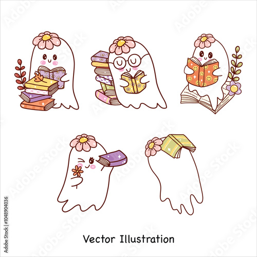 Halloween Ghost reading Bookish ghost Reading book vibes Trendy bookish png Book lover clipart Halloween gift Vector Illustrator
