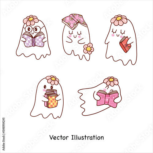 Halloween Ghost reading Bookish ghost Reading book vibes Trendy bookish png Book lover clipart Halloween gift Vector Illustrator