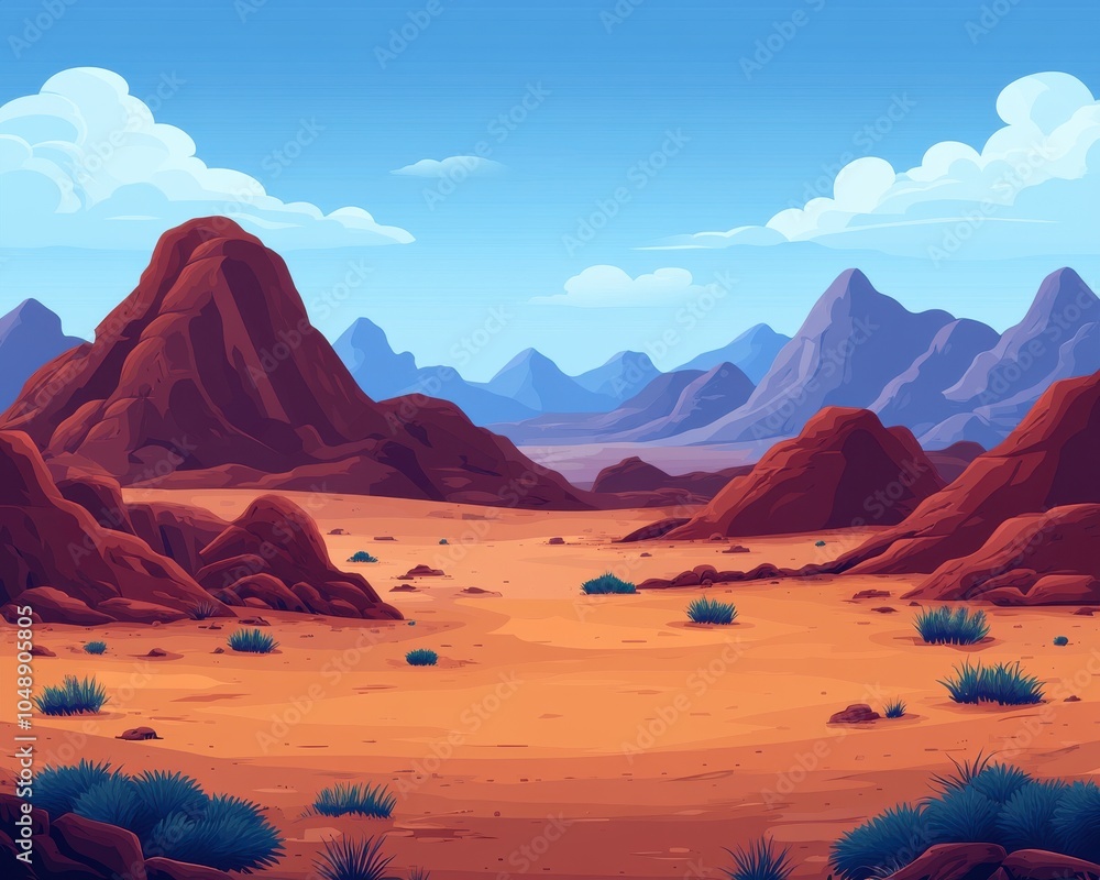 Naklejka premium Stunning Cartoon Desert Landscape with Majestic Mountains and Blue Sky - Serene Arid Environment Adventure Scenery Perfect for Animation Inspiration