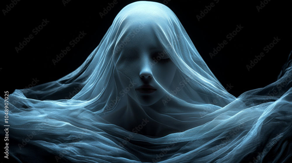 In a shadowed, dark space, the ethereal face of a ghostly, white-veiled woman emerges from the darkness, blindfolded with a white cloth, her figure partially illuminate Generative AId from above. In a shadowed, dark space, the ethereal face of a ghostly, white-veiled woman emerges from the darkness, blindfolded with a white cloth, her figure partially illuminate Generative AId from above.