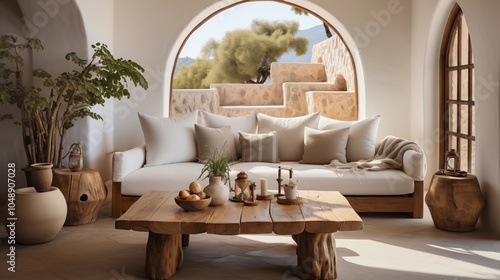 Modern Mediterranean living room featuring a rustic sofa, coffee table, and natural stucco walls for a warm, stylish look.