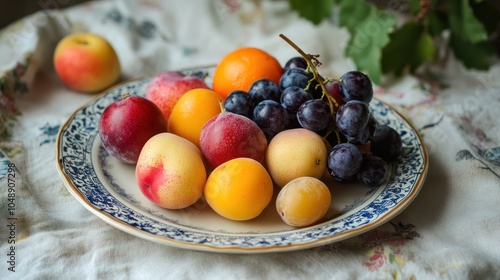 A Plate of Fresh Fruit Including Grapes, Plums, and Apricots