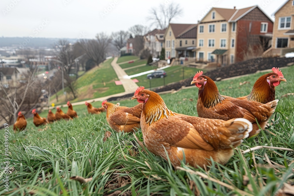 Fototapeta premium Brown Chickens in a Green Grassy Area with a Blurred Cityscape in the Background