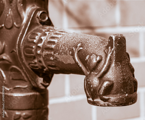 Alte Wasserpumpe mit Froschmotiv in der Feste Zons 2008, NRW, Germany