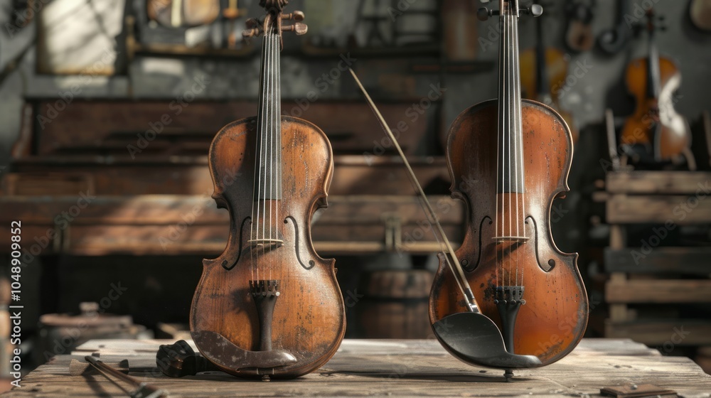 Naklejka premium Two Worn Wooden Violins Resting on a Wooden Table