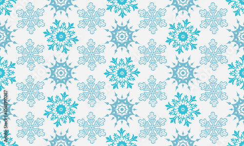 Vector gentle geometric seamless Christmas hand drown pattern with blue snowflakes on a white background