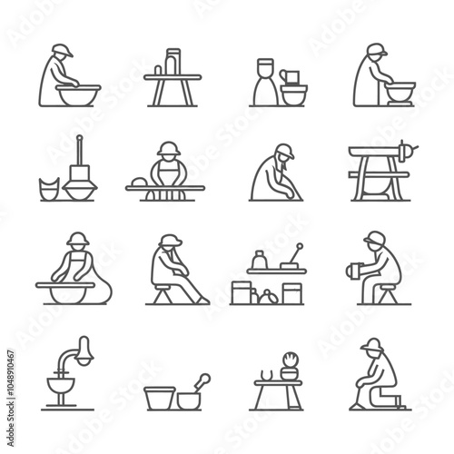 Line Art Icons Depicting People Making Pottery