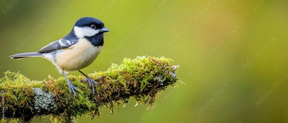 Obraz premium A small blue-and-white bird sits on a mossy branch against a blurred backdrop of green and yellow