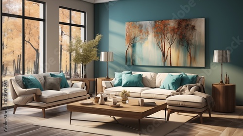 A modern living room with a beige sofa and turquoise armchairs, adding a fresh, inviting ambiance to the apartment. photo