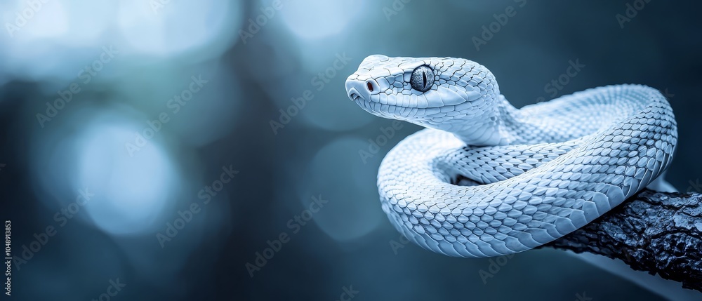 Fototapeta premium A tight shot of a white snake coiled on a tree branch against a softly blurred backdrop of trees