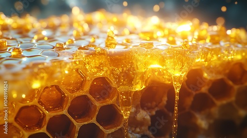 Detailed view of honeycomb with dripping honey capturing the natural shine and texture of each hexagonal cell