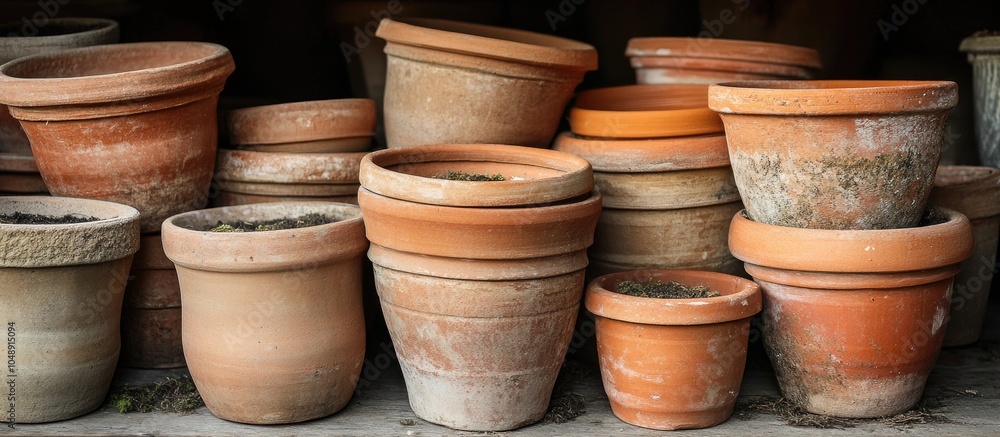 Old terracotta plant pots piled in a shed. with copy space image. Place for adding text or design Old terracotta plant pots piled in a shed. with copy space image. Place for adding text or design