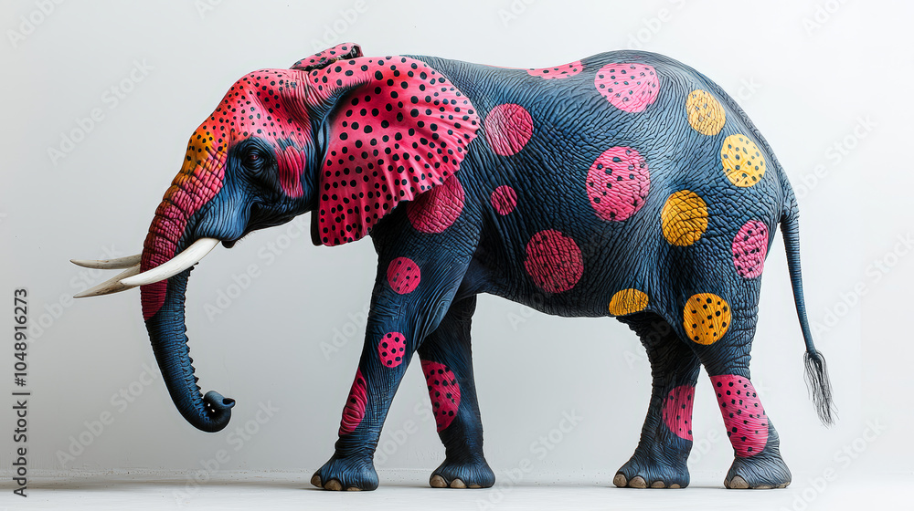 Obraz premium A captivating photoshoot featuring a real elephant adorned with vibrant, colored spots against a clean white background. Generative AI