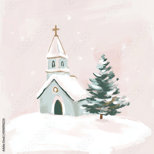 Pastel Small Christmas Village Chapel Christmas Winter Scene Merry Christmas Happy Holidays Serene Pastel Wall Art Abstract Scene