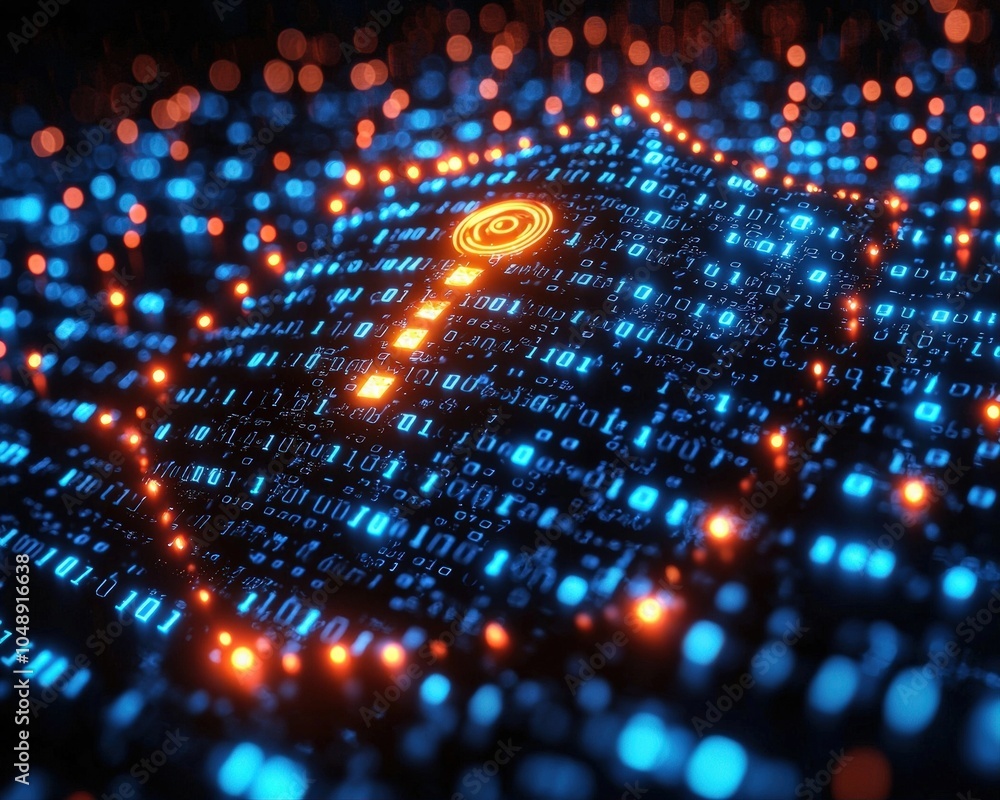 Obraz premium A glowing digital shield with blue and red lights, representing data security, against a backdrop of binary code