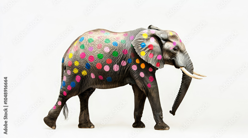 Fototapeta premium A captivating photoshoot featuring a real elephant adorned with vibrant, colored spots against a clean white background. Generative AI