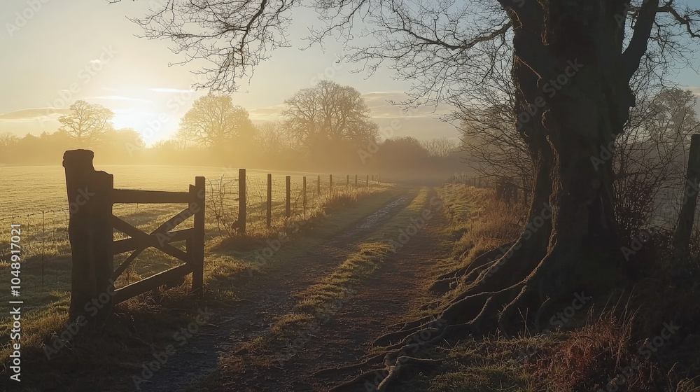 Obraz premium A rustic gate opens to a misty, old English field at sunrise, with the sun casting long shadows across the landscape. Generative AI