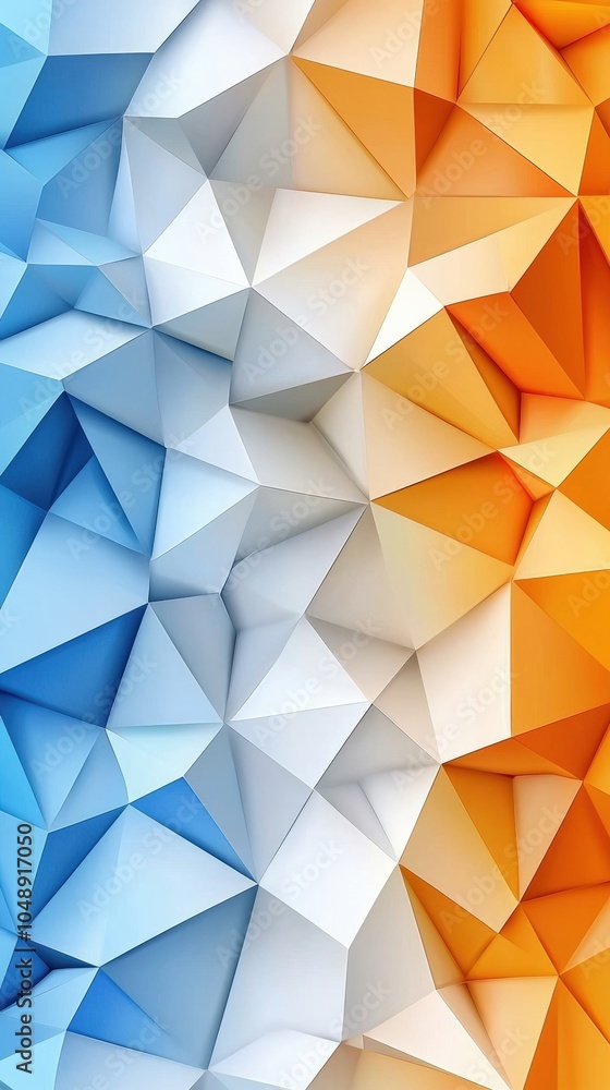 Triangular facets in blue and orange create a striking geometric pattern with depth and dimension Triangular facets in blue and orange create a striking geometric pattern with depth and dimension