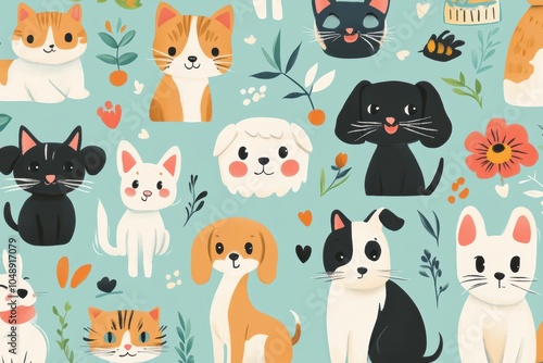 Playful pattern of various pets like cats and dogs, illustrated in cartoon style with friendly expressions, bright colors, and whimsical touches, adorable and heartwarming