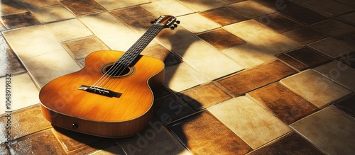 guitar placed on tiled floo...