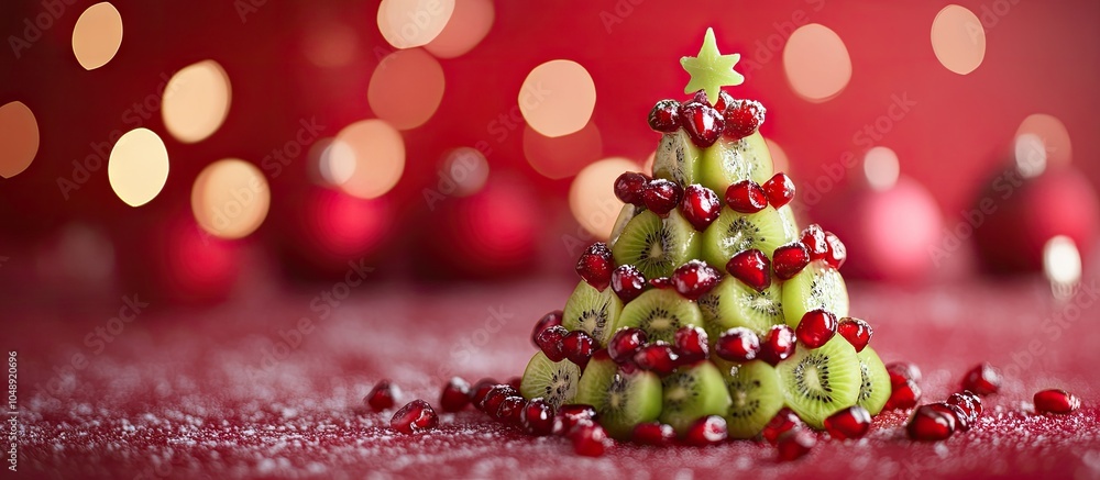 Healthy dessert idea for a kids party a whimsical edible kiwi pomegranate Christmas tree set against a lovely New Year backdrop. with copy space image. Place for adding text or design Healthy dessert idea for a kids party a whimsical edible kiwi pomegranate Christmas tree set against a lovely New Year backdrop. with copy space image. Place for adding text or design