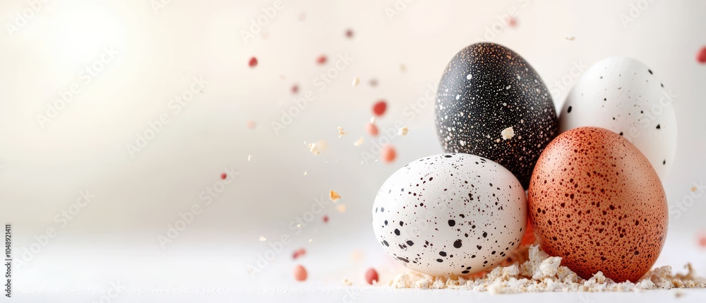 Three eggs aligned on a mound of shredded rice against a white backdrop Three eggs aligned on a mound of shredded rice against a white backdrop