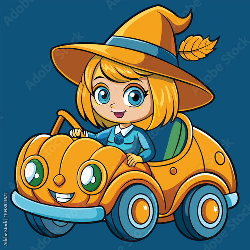 Cartoon Witch Driving a Pumpkin Car