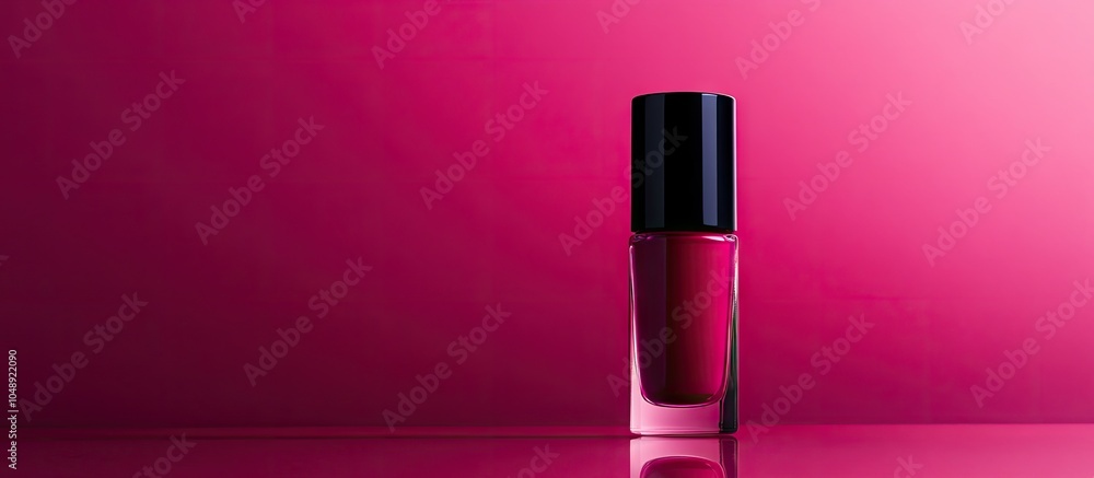 Dark pink bordo nail polish in a glass bottle with a black cap set against a shiny geometric pink background Monochromatic product advertisement. with copy space image Dark pink bordo nail polish in a glass bottle with a black cap set against a shiny geometric pink background Monochromatic product advertisement. with copy space image