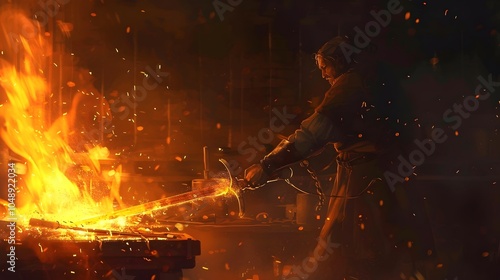 Dramatic Scene of Blacksmith Forging Sword in Fiery Workshop photo