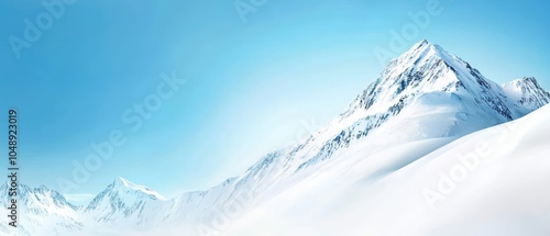  A mountain capped with snow, surrounded by a clear blue sky, subtly sprinkled with snow at its peak