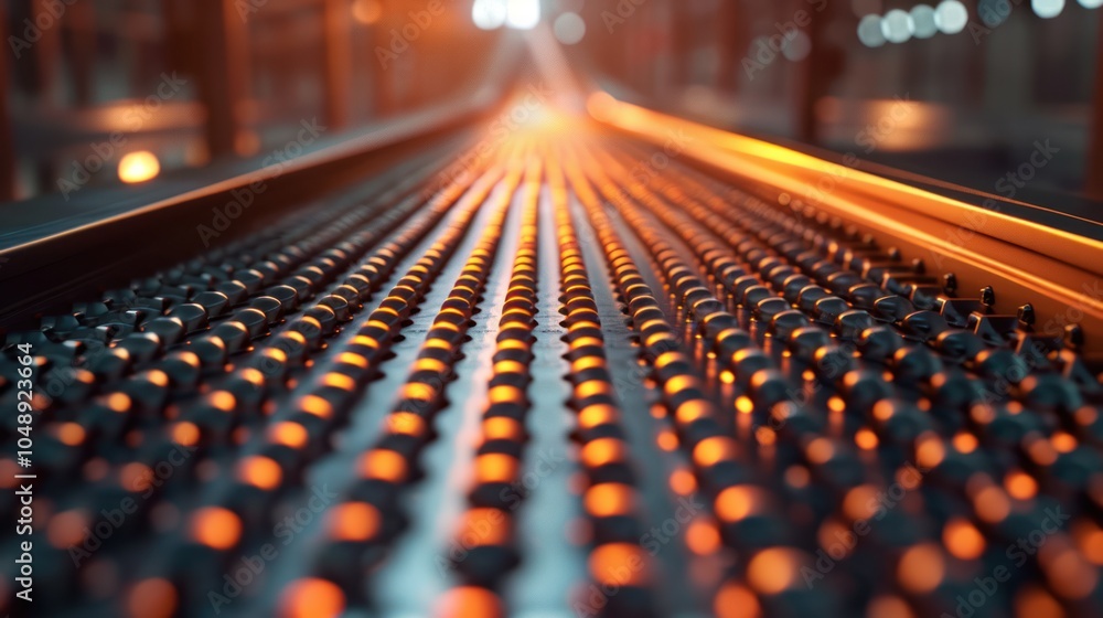 Fototapeta premium Close-up of a Conveyor Belt with Round Metal Rollers