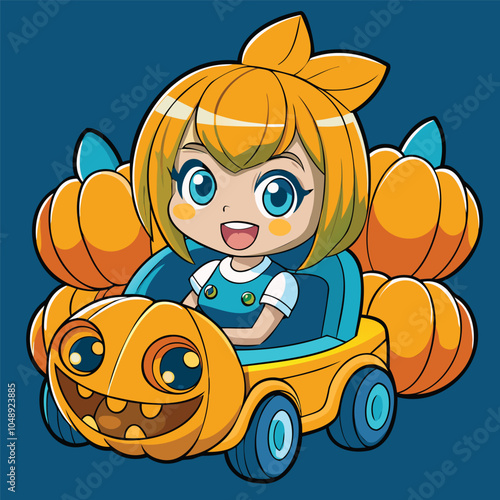 Cartoon Girl Driving Pumpkin Car