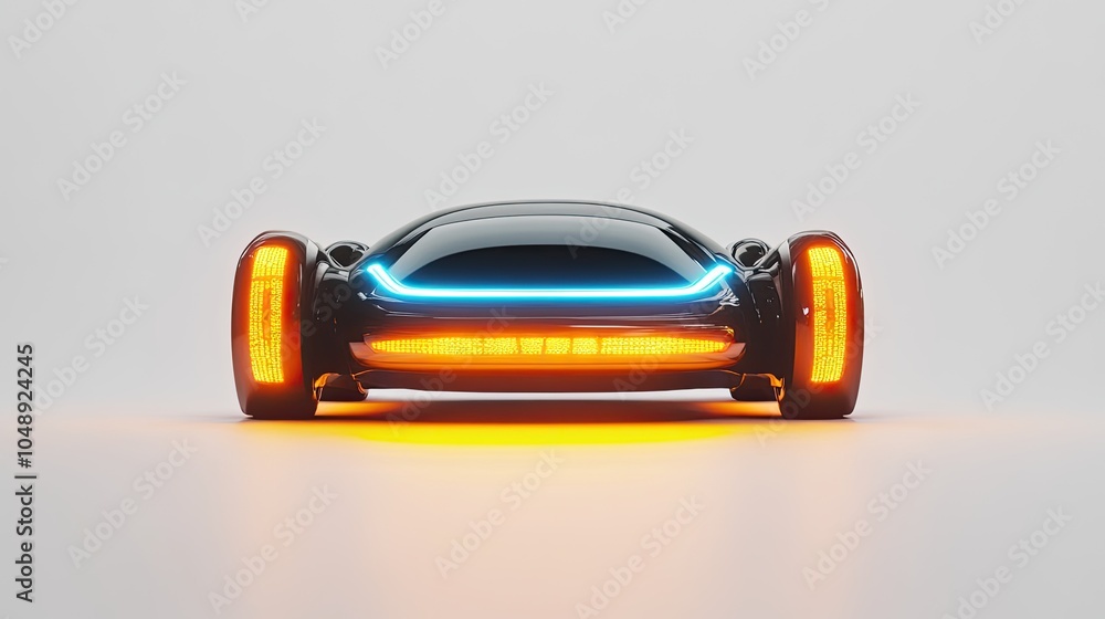 A futuristic self-driving car concept with glowing LED lights, placed against a clean white background, perfect for automotive tech presentations. A futuristic self-driving car concept with glowing LED lights, placed against a clean white background, perfect for automotive tech presentations.