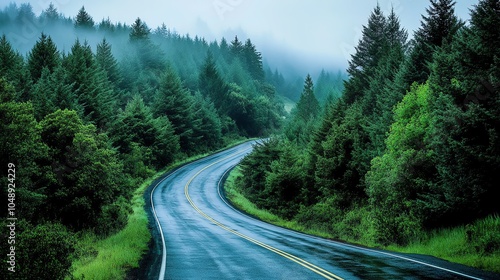 Winding road through lush green forest.