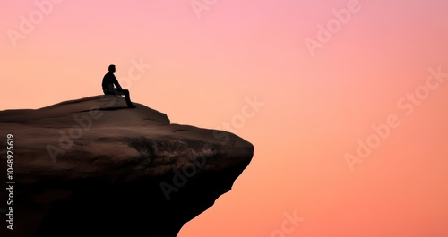 Solitude at Dawn: Silhouette of a person sitting on a cliff edge, contemplating the breathtaking sunrise. A poignant image of peace, introspection, and the vastness of life. 