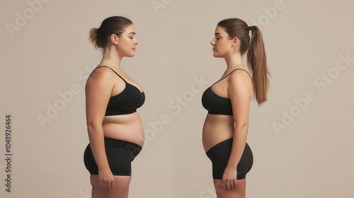 A side-by-side comparison of a person before and after weight loss, showing a dramatic transformation from overweight to slim, with both images taken in the same pose photo