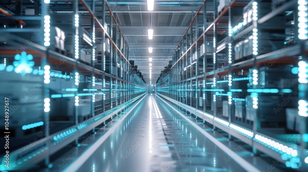 A Futuristic Server Room with Blue Lights and Empty Shelves A Futuristic Server Room with Blue Lights and Empty Shelves