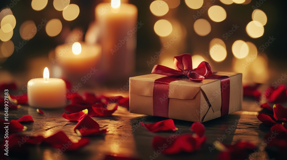 A beautifully wrapped gift in a small box with a bow, presented as a surprise for Valentine's Day, surrounded by rose petals and soft candlelight A beautifully wrapped gift in a small box with a bow, presented as a surprise for Valentine's Day, surrounded by rose petals and soft candlelight