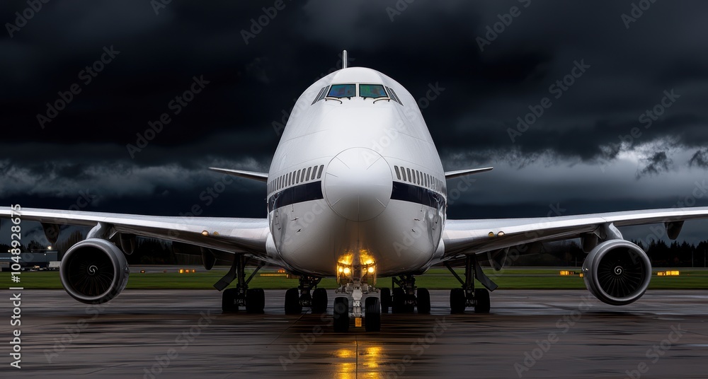 Obraz premium Majestic airplane on the runway, facing the ominous storm clouds. A powerful image of resilience, anticipation, and the thrill of air travel