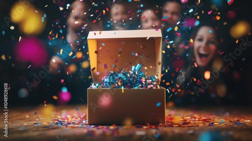 A festive scene with an open gift box revealing a special surprise inside, with colorful confetti flying through the air and joyful faces in the background.