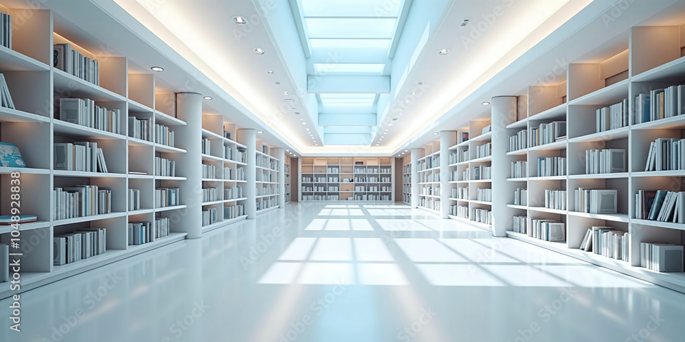Obraz premium View into a large library, in modern bright architecture, resting places of knowledge and encounter