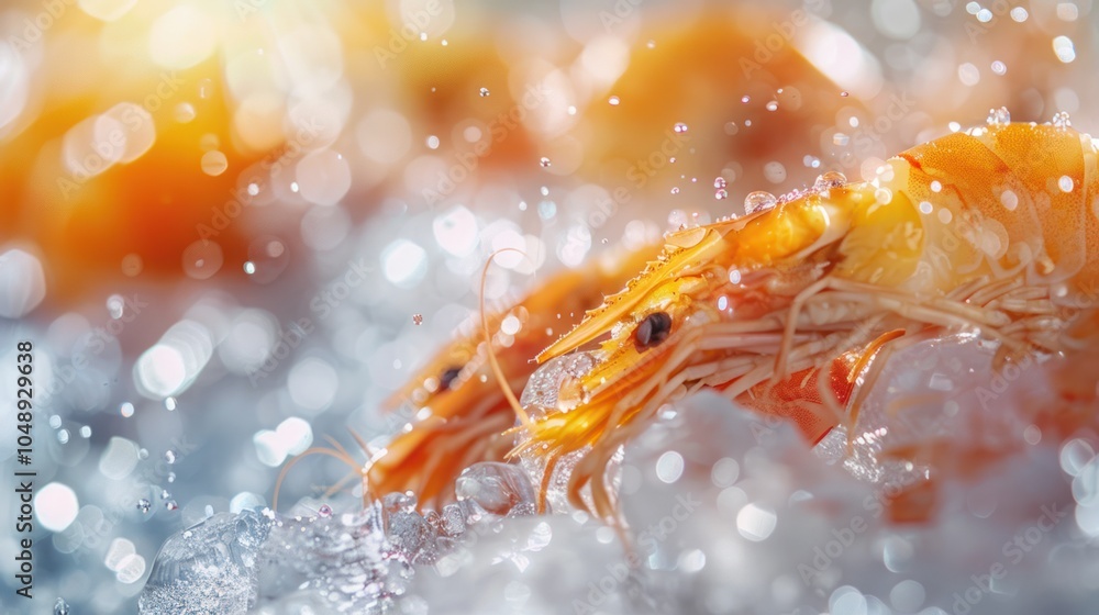 Fresh Orange Shrimp on Ice with Water Droplets Fresh Orange Shrimp on Ice with Water Droplets