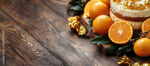 Oranges cake and gold on wo...